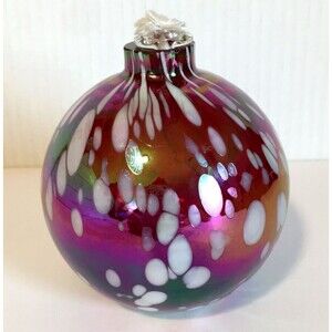 Pottery Barn Glass Oil Lamp Red White Hand Blown Art Glass Unused Iridescent